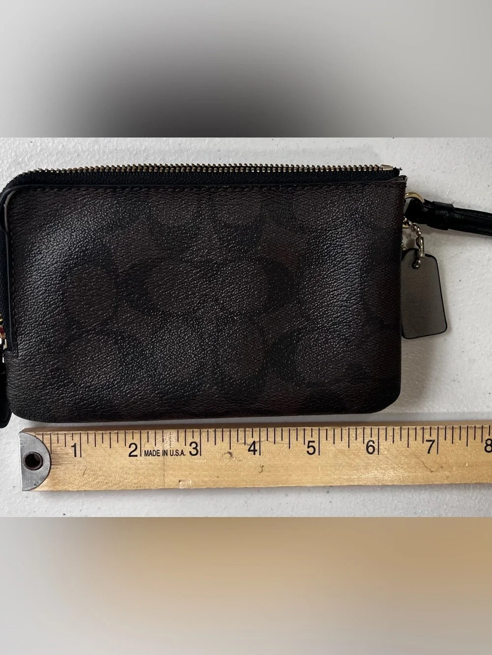 Coach Double Zip Wristlet Pouch White Leather & Signature Canvas Black Brown EUC